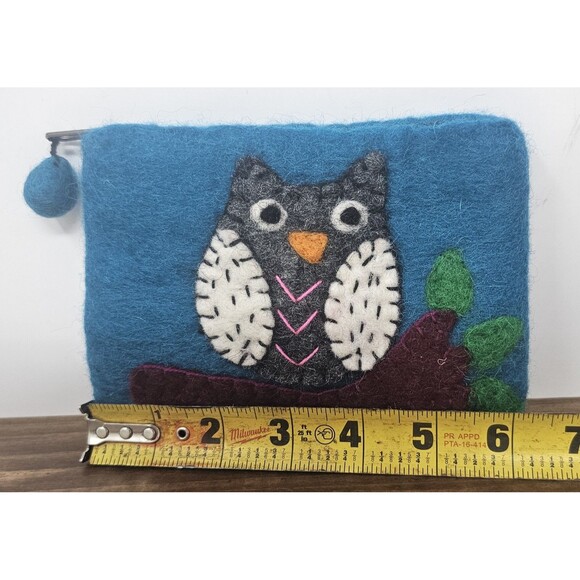 Felted Wool Owl On Branch Zippered Multicolor Coin Pouch Bag Nepal New 6"x4.5" - Picture 7 of 8